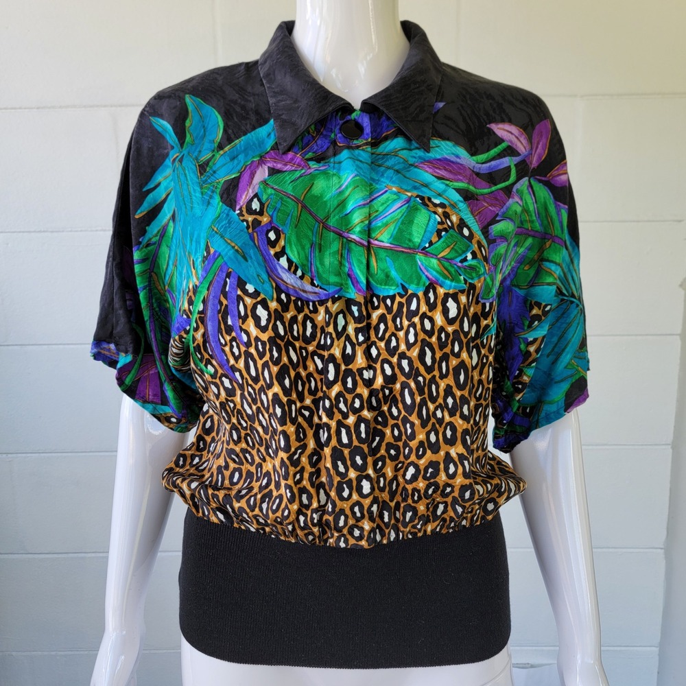 VTG 80s Adrianna Papell Leopard Tropical Black Blouse Women S